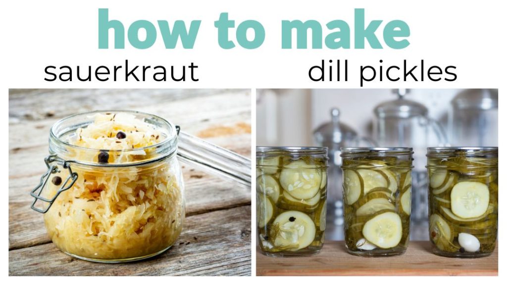 left image: a jar of sauerkraut right image: jars of dill pickles