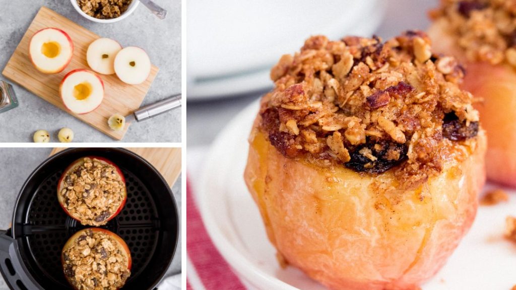 in the top left hand image are cored apples on a chopping board
on the bottom left hand picture are the stuffed apples in the basket of an air fryer
on the right is a picture of the finished apples