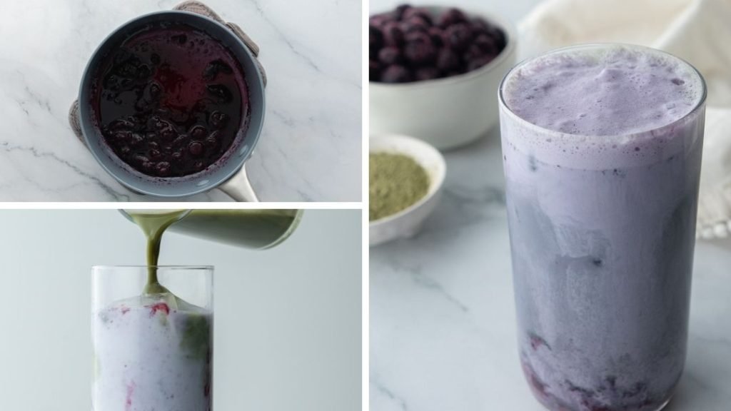 in the upper left picture are blueberries in a pan being cooked
in the bottom left image is the drink with the matcha being poured in
in the right photo is a finished shot of the iced blueberry matcha latte