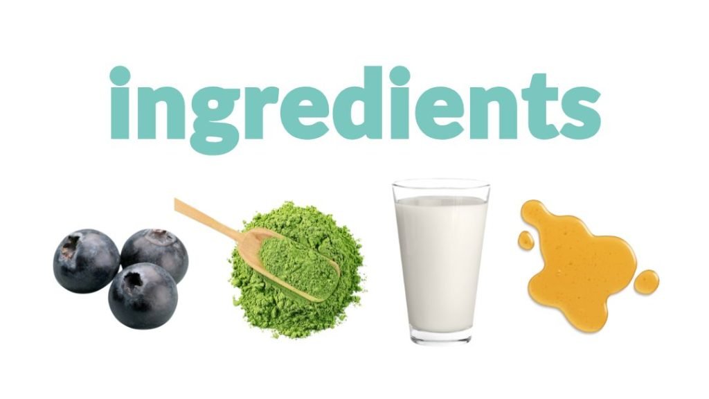 from left to right: blueberries, matcha powder, a glass of milk, a drizzle of honey