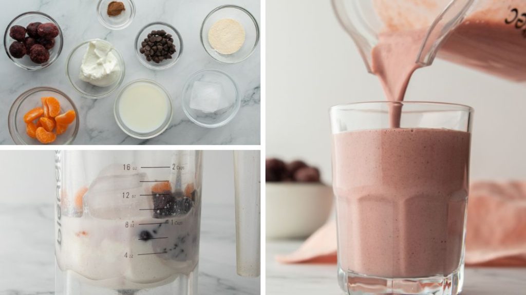 In the upper left image are the ingredients in glass containers
in the bottom left image all the ingredients in a blender
in the image on the right is the smoothie being poured into a cup