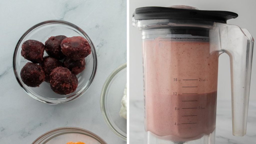 in the image on the left is a bowl of frozen cherries
in the image on the right is the smoothie in the blender