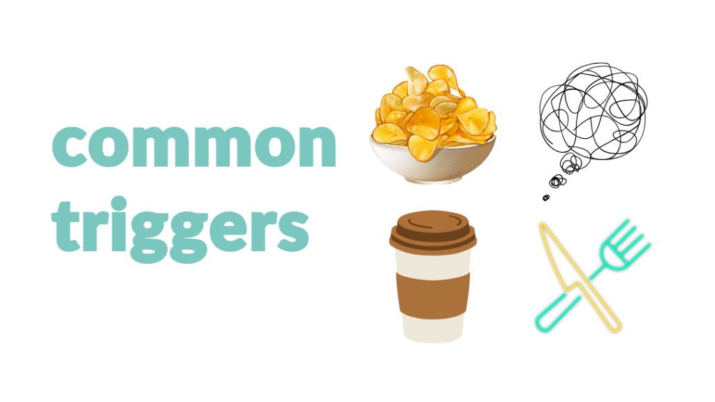 a collection of images: a bowl of potato chips, a stressed mind emoji, a cup of coffee, and a fork and knife