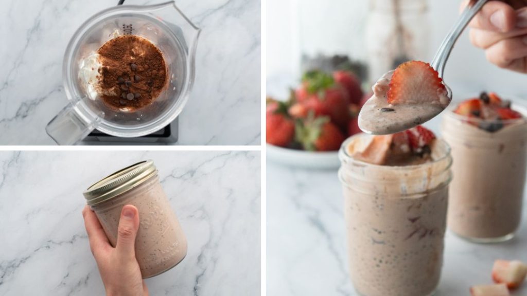 upper left image: ingredients in the blender
bottom left image: mason jar with the mixture inside
right image: chocolate chia protein pudding in mason jar with some of the pudding in a spoon