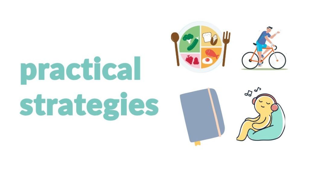 a plate split up into food groups; a man riding a bicycle; a journal; a person sitting on a bean bag listening to music