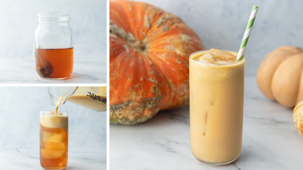 The top left image is a mason jar with the cold brew chai tea. The bottom left image is the pumpkin milk being poured in a cup with the tea. The right image is the iced pumpkin chai tea latte with decorative pumpkins in the background.