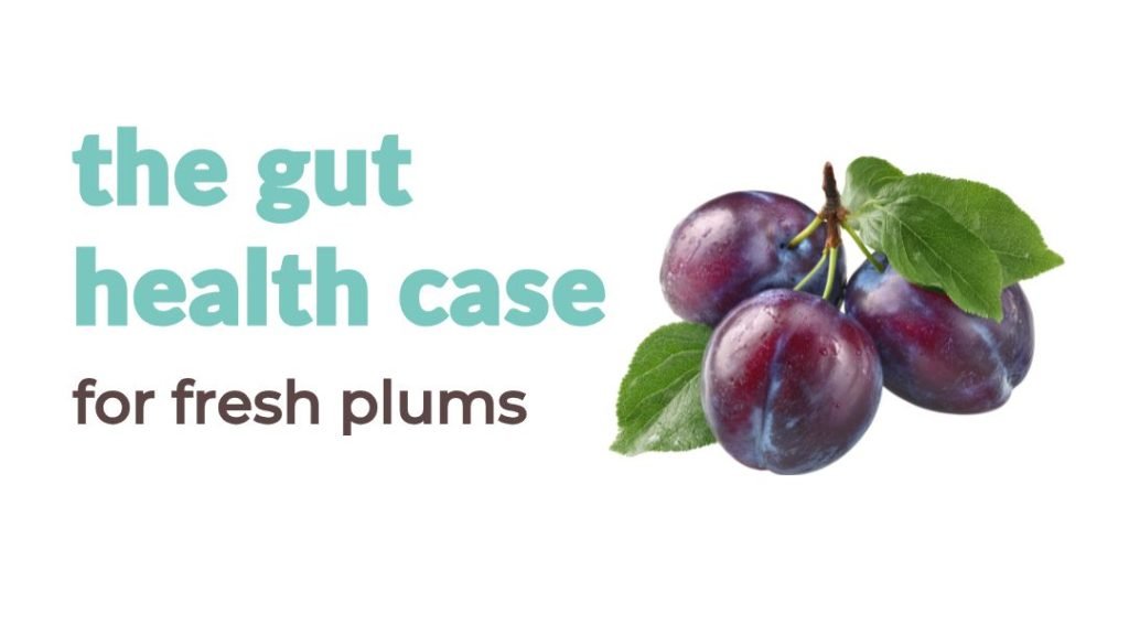 a picture of fresh plums on a branch with text that reads "the gut health case for fresh plums"