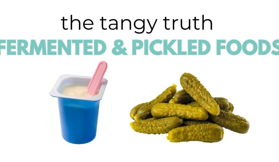 left image: a blue cup of yogurt. right image: a pile of pickles